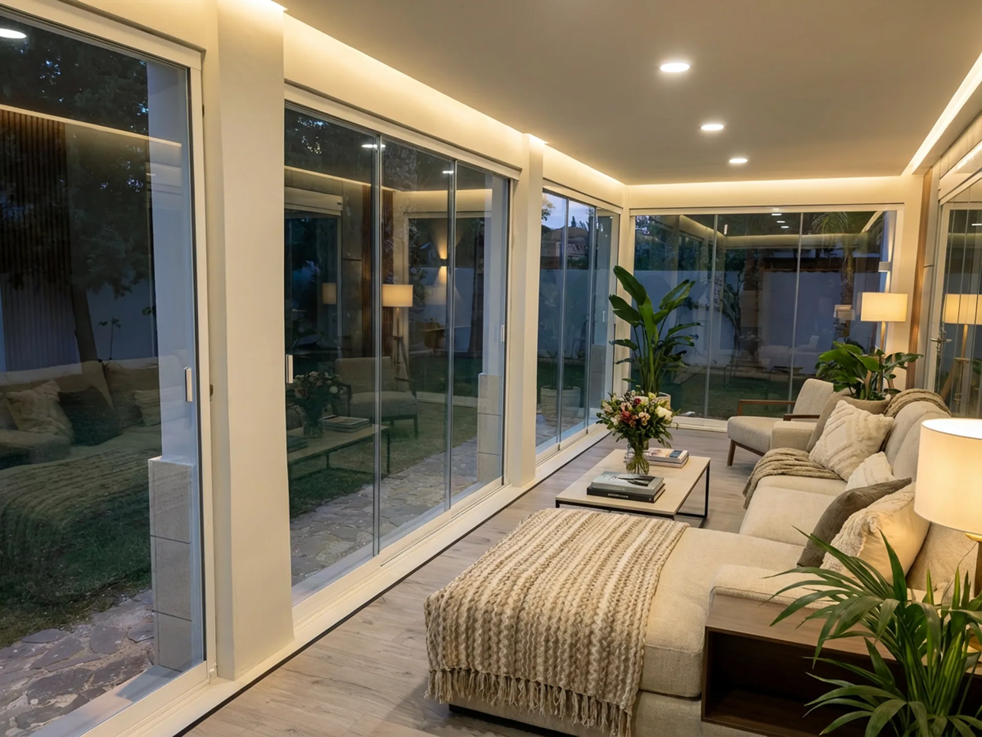 Salón iluminado y protegido mediante un cerramiento de cristal