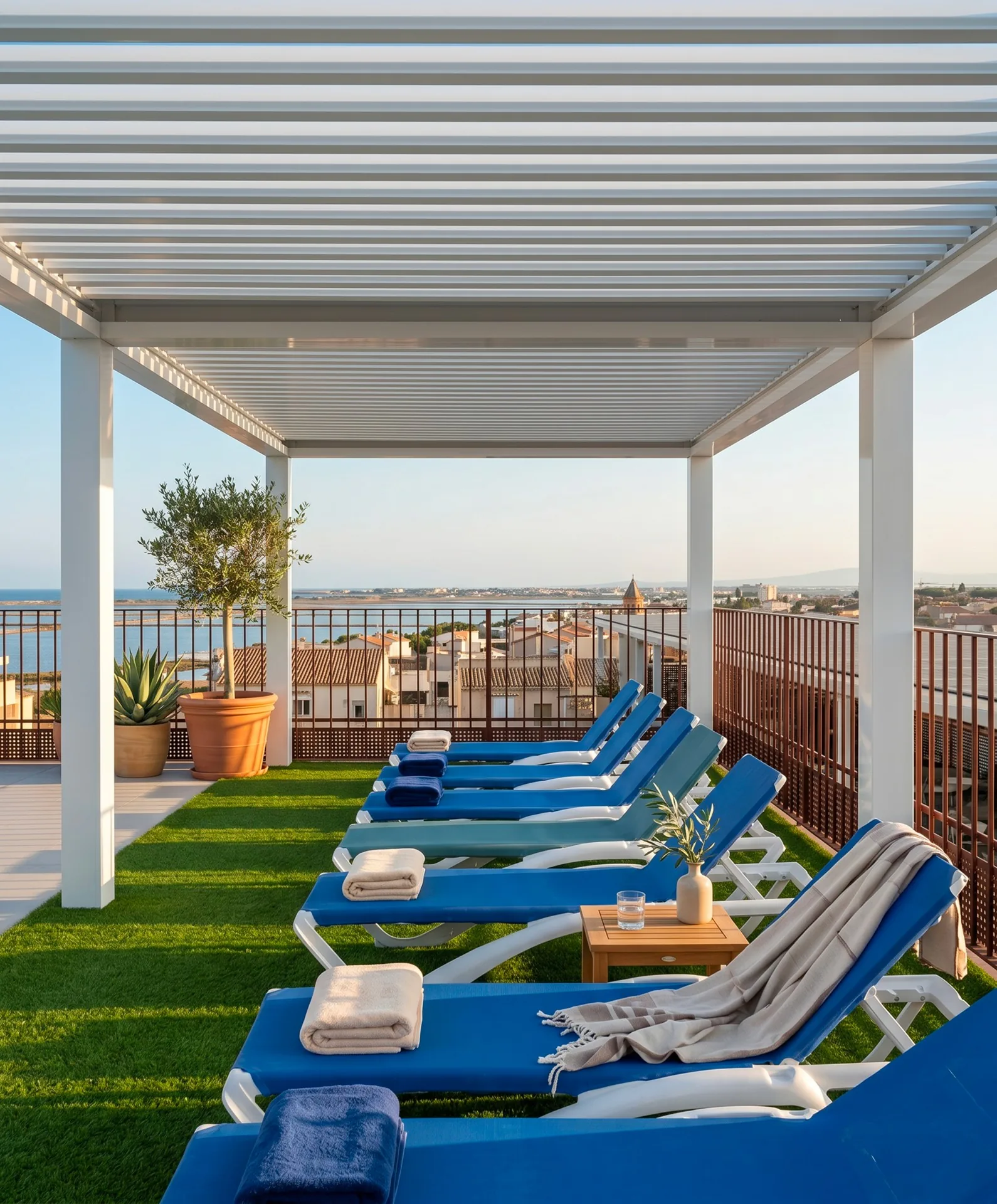 Zona de piscina de un hotel sombreada por una pérgola bioclimática