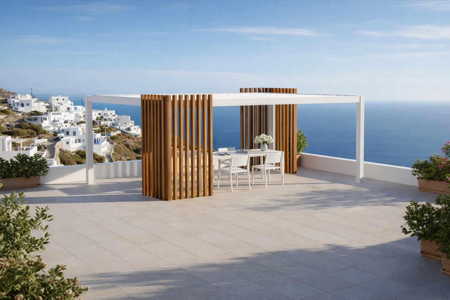 Pérgola con pilares decorativos en un mirador mediterráneo