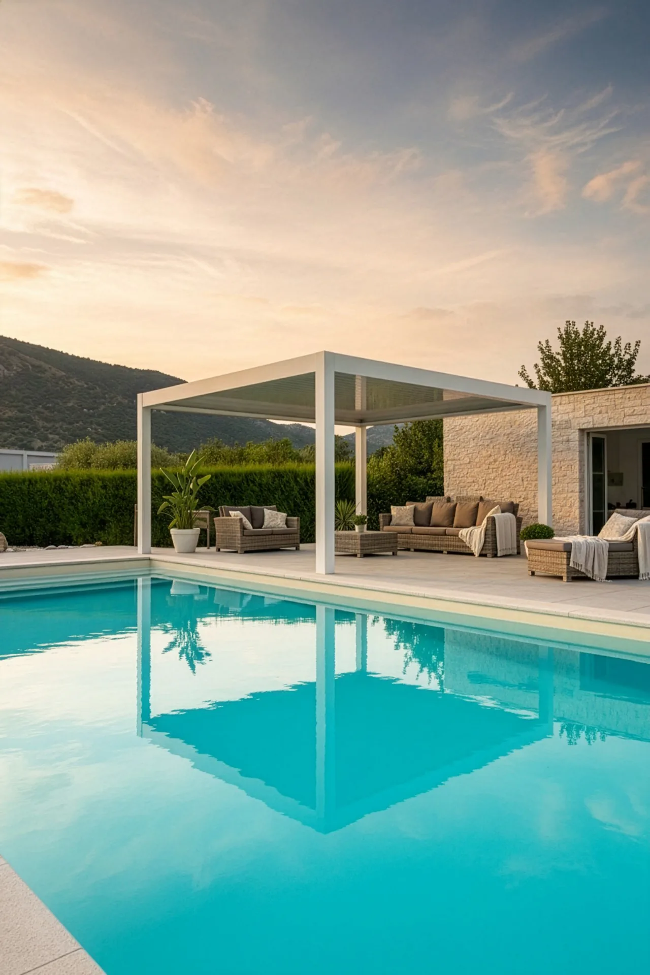 Pérgola blanca junto a una piscina residencial