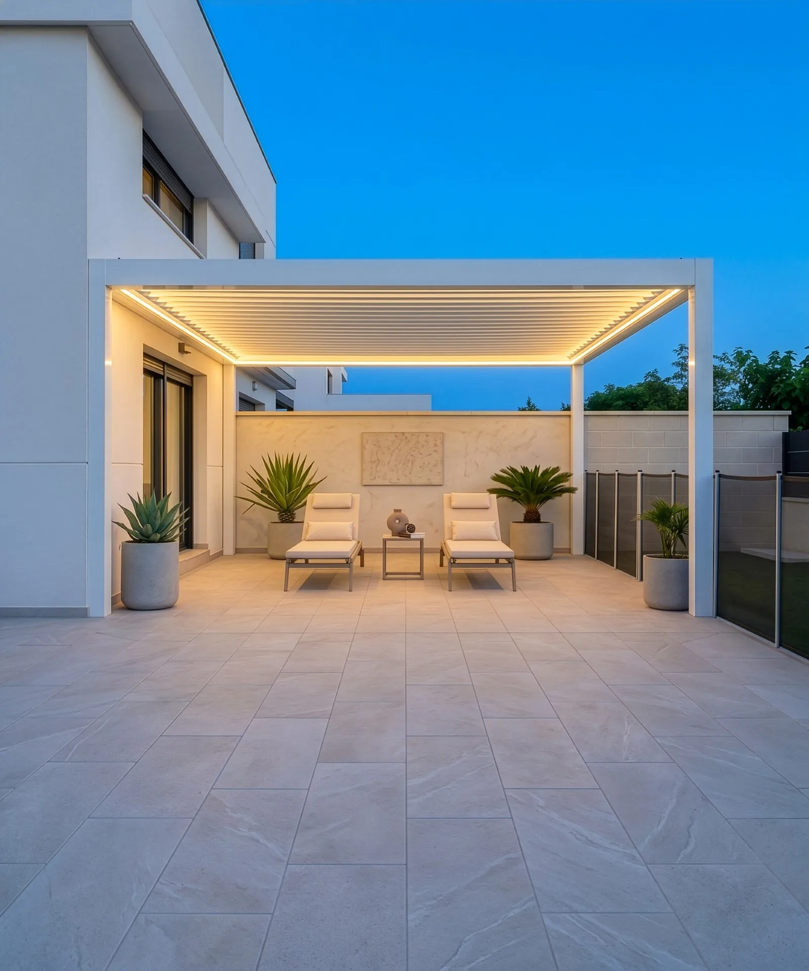 Pérgola bioclimática iluminada al anochecer