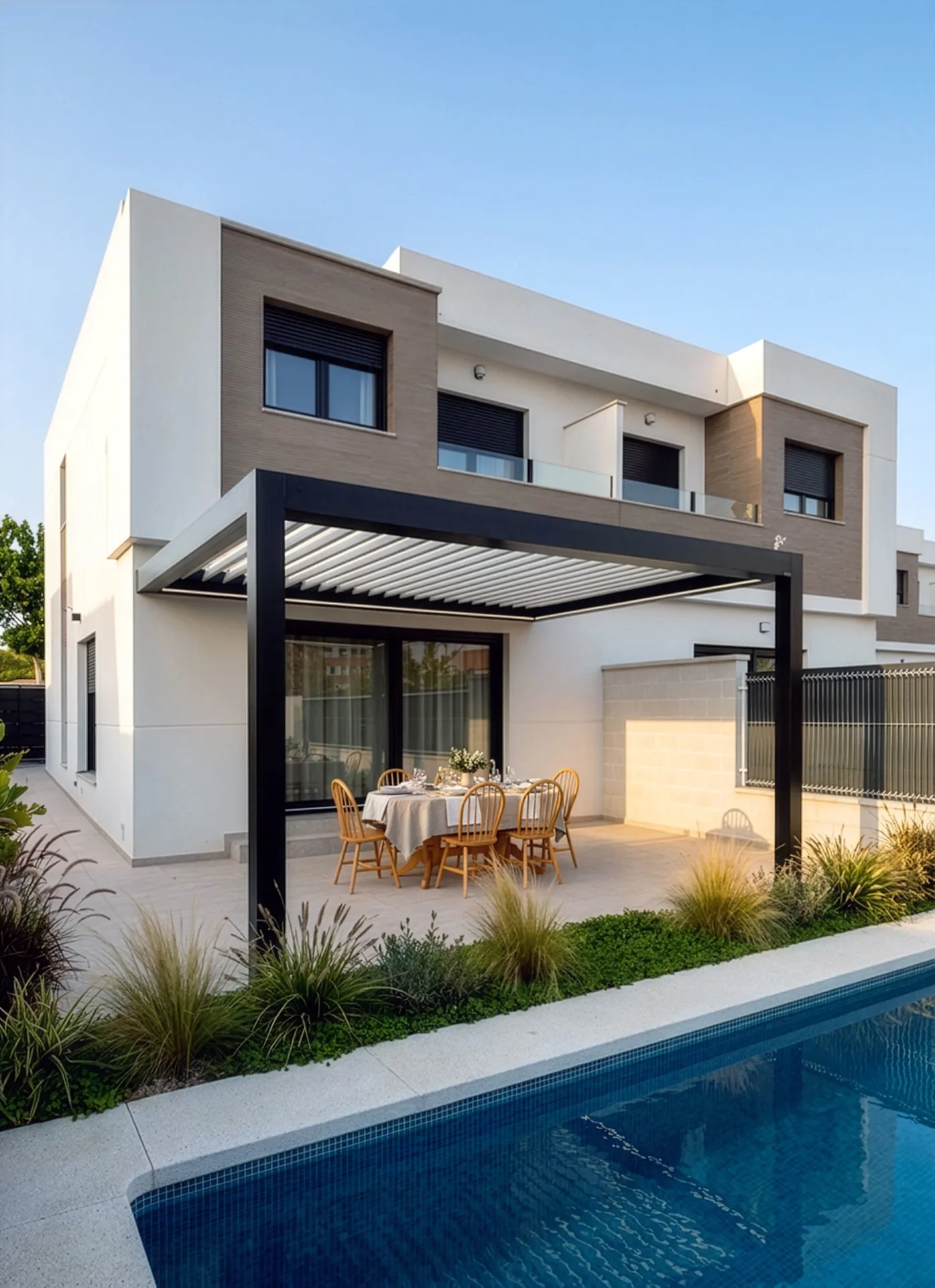 Pérgola oscura frente a una vivienda moderna con piscina