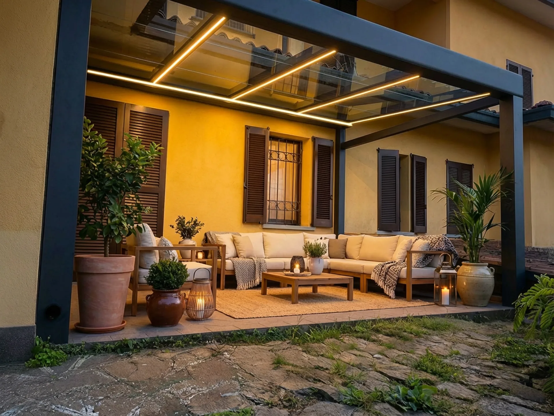 Techo fijo de cristal con iluminación LED sobre un patio residencial