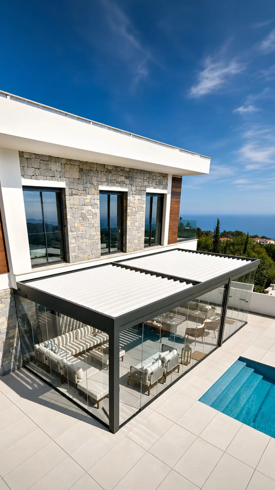 Pérgola cerrada con cristal junto a una piscina