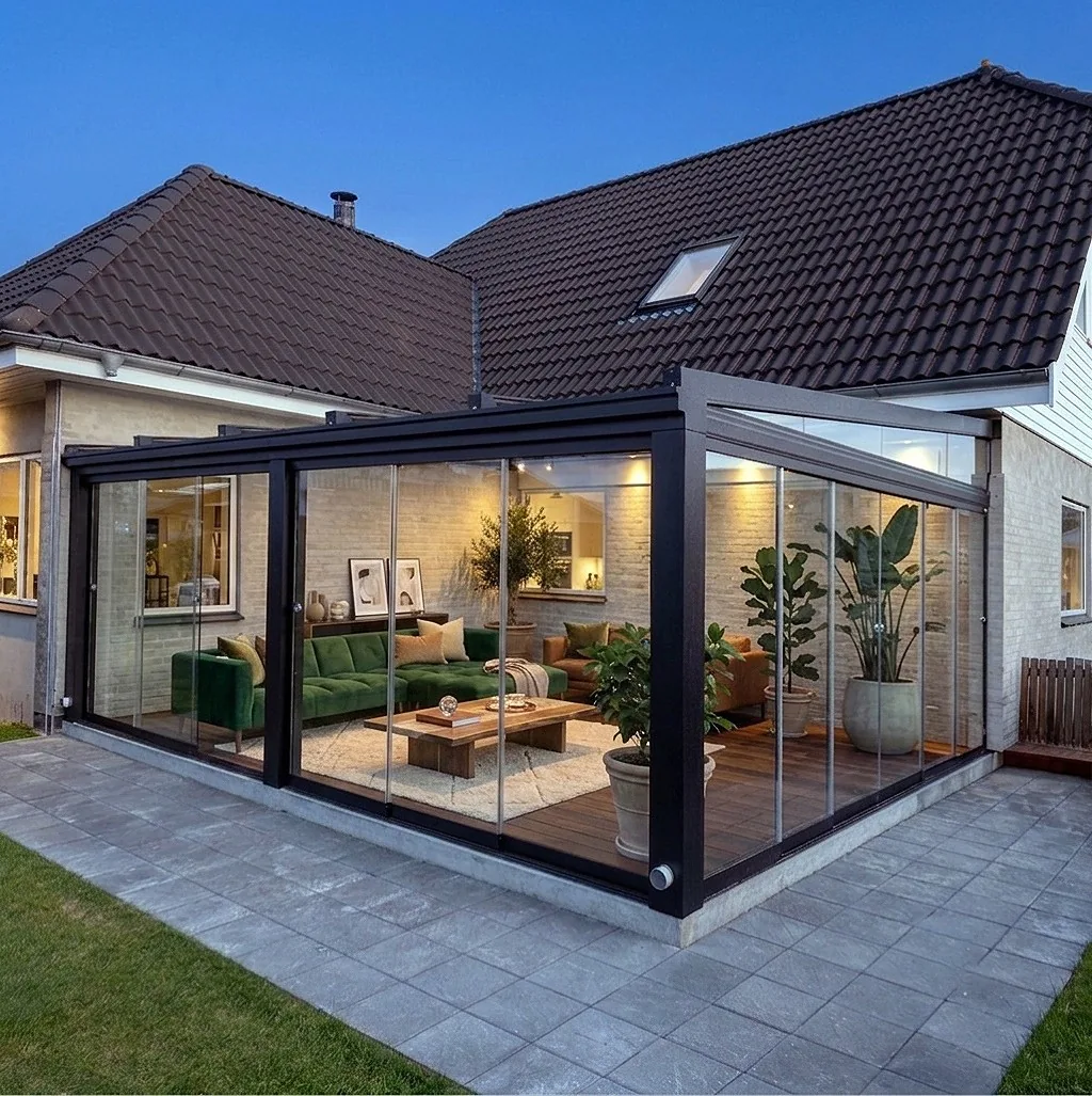 Salón exterior acristalado junto a una vivienda