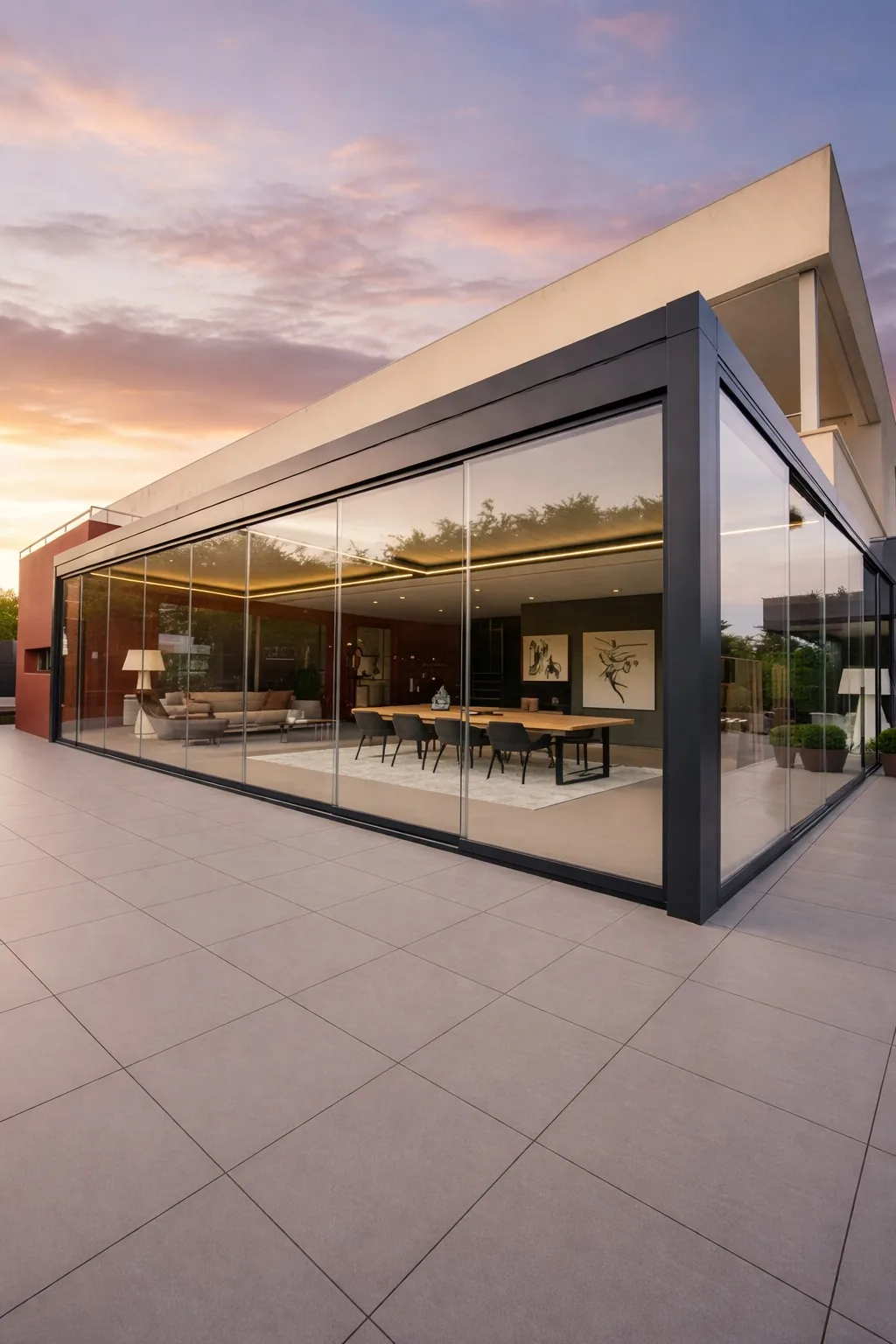 Cerramiento de cristal bajo una pérgola al atardecer